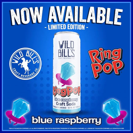 Wild Bill's Blue Rasp Ring Pop Soda 12oz Cans 12ct Case