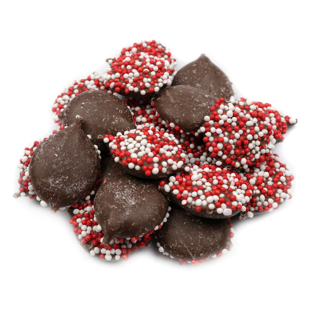 Asher Dark Chocolate Nonpareils with Red & White Seeds 8lb