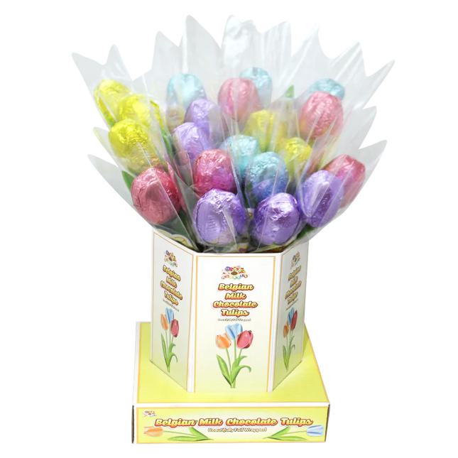 Alberts Easter Belgian Milk Choc Tulips in Vase .53oz 20ct