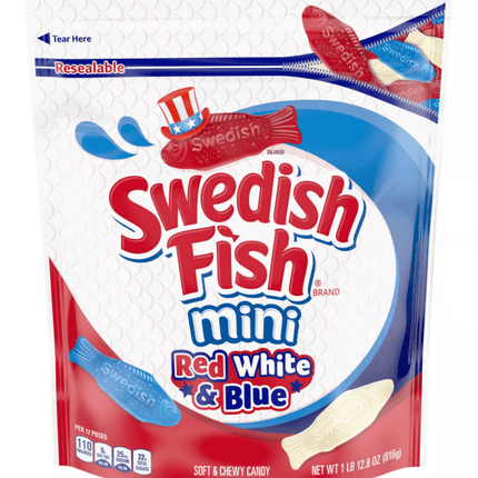 PREORDER Mini Red, White, Blue Swedish Fish 1.9lb Resealable Bag - Royal Wholesale